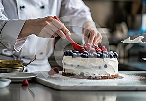 The pastry chef\'s hands decorate the cake with fresh berries