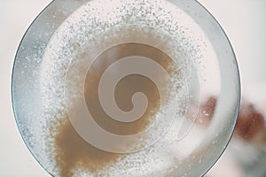 Pastry chef sift pours flour makes cake. Cooking and preparing dessert. Inside bottom view