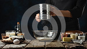 Pastry chef sifts flour into glass bowl on wooden table with ingredients for cooking on dark blue background. Backstage of