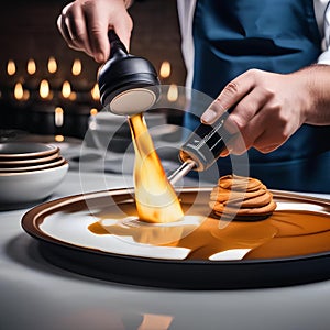 A pastry chef using a blowtorch to caramelize the top of a dessert2