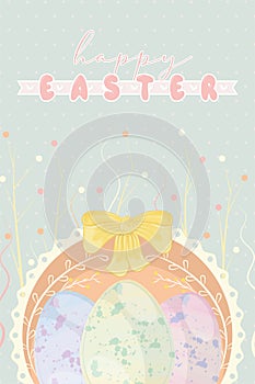 Pastry colored easter week invitational card wooden basket with eggs Vector