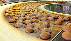 Pastry on conveyor line, food production factory or plant with machinery. Making cookies process