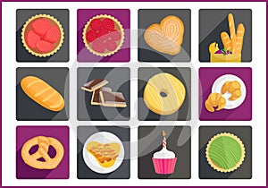 Pastry flat vector icons set