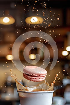 A pastry is floating on top of a cup of coffee