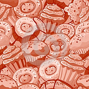 Pastry hand drawn seamless pattern. Doodle collection confections. Blue background