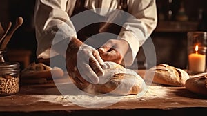 pastry kitchen hands baker knead food cook flour chef dough. Generative AI.