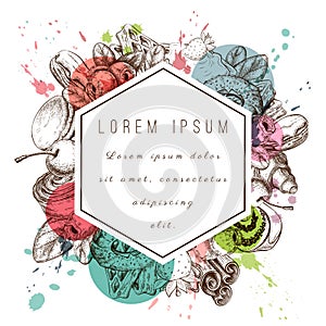 Pastry label trendy design. bakery label or frame with sweets desserts berries, color splashes and place for text. logo