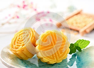 A pastry with mostly sweet fillings made for the Moon Festival, hence loosely translated as a moon cake photo