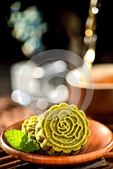 A pastry with mostly sweet fillings made for the Moon Festival, hence loosely translated as a moon cake