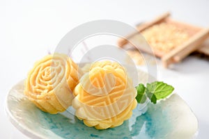 A pastry with mostly sweet fillings made for the Moon Festival, hence loosely translated as a moon cake photo