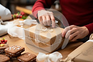Pastry packaging: Confectioner\'s hands expertly encase cardboard box in close-up, showcasing skilled artistry. photo