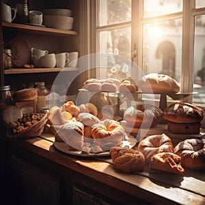 Pastry shop-bakery with wooden countertop and fresh pastries in the sunlight