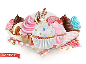 Pastry shop, confectionery. Sweet dessert. Cake, cupcake. 3d vector