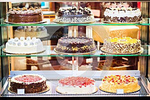 Pastry shop in glass cabinet display