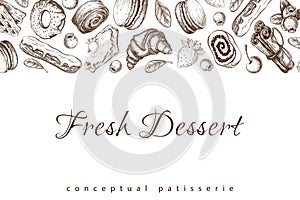 Pastry sketch on white. Bakery horizontal banner, border with desserts, berries, eclair, croissant, donut, macaroons