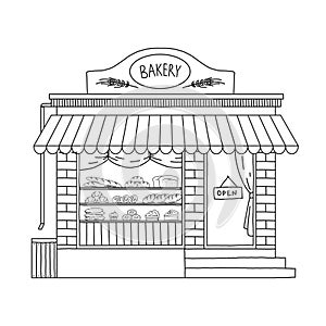 Pastry store shop exterior, desserts and bread, confectionery cafe building. Graphic for marketing or retail, front view