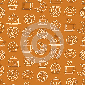 Pastry, sweet bakery seamless pattern with baked goods