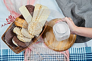 Pastry tray with a jar of milk aside