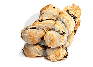 Pastry twist with a custard and dark chocolate chip filling isolated on white