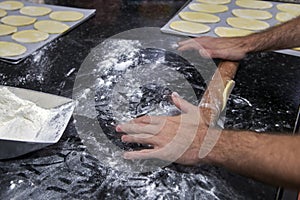 Pastrycook hands preparing dough for sweet pie