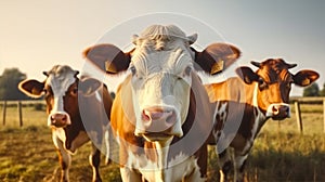 pasture farming meadow agricultural livestock cattle animal cow nature grass. Generative AI.