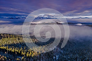 Pasul Tihuta, Romania seen from a drone early in a winter morning