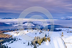 Pasul Tihuta, Romania seen from a drone early in a winter morning