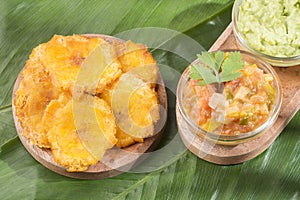 Patacon or toston fried and flattened pieces of green plantain, traditional snack or accompaniment in the Caribbean, guacamole and