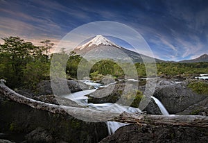 Patagonia, Chile. Osorno Volcano and Petrohue Falls. photo