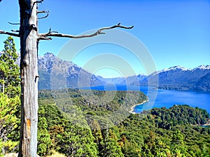 Patagonia lake landscape with Andes mountain range under blue sky. Nature and National Parks