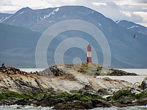 Patagonia mountain landscape with lighthouse