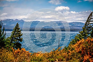 The Patagonian train pampas and snow in the deepest Argentina. Lake San Martin