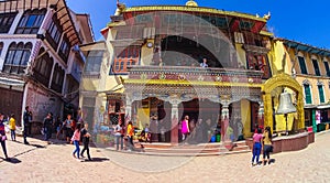 PATAN, NEPAL - April 13, 2018: People going at street in Patan, ancient city in Kathmandu Valley.