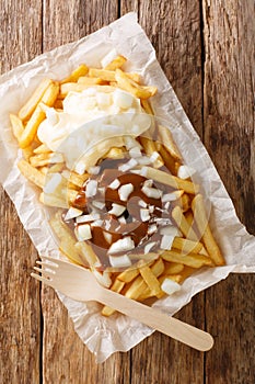 Patatje Oorlog Dutch War Fries topped with mayonnaise a thick Indonesian style peanut sauce, and raw onions closeup in the plate.