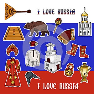 Patch badges in Russian style. Set of stickers, pins, patches.