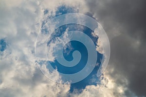 A patch of blue sky shining through the diverging rain clouds. A symbol of the changes and inconstancy of the current state of