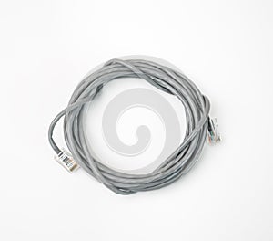 Patch cord network cable with molded RJ45 plug, isolated on a white background