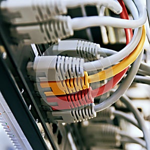 Patch Panel server rack with gray yellow and red cords