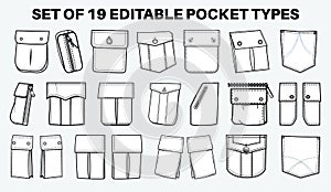 Patch pocket flat sketch vector illustration set, different types of Clothing Pockets for jeans pocket, denim, sleeve arm, cargo