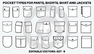 Patch pocket flat sketch vector illustration set, different types of Clothing Pockets for jeans pocket, denim, sleeve arm, cargo