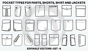 Patch pocket flat sketch vector illustration set, different types of Clothing Pockets for jeans pocket, denim, sleeve arm, cargo