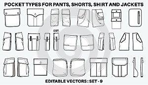 Patch pocket flat sketch vector illustration set, different types of Clothing Pockets for jeans pocket, denim, sleeve arm, cargo