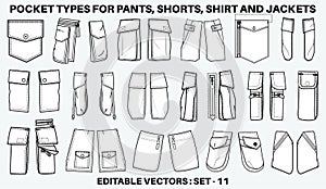 Patch pocket flat sketch vector illustration set, different types of Clothing Pockets for jeans pocket, denim, sleeve arm, cargo