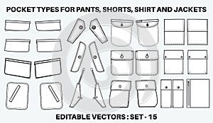 Patch pocket flat sketch vector illustration set, different types of Clothing Pockets for jeans pocket, denim, sleeve arm, cargo