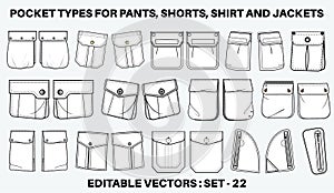 Patch pocket flat sketch vector illustration set, different types of Clothing Pockets for jeans pocket, denim, sleeve arm, cargo