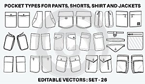 Patch pocket flat sketch vector illustration set, different types of Clothing Pockets for jeans pocket, denim, sleeve arm, cargo