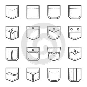 Patch Pocket Style Vector Line Icon Set. Contains such Icons as Original Pocket, Denim, Traditional, Flap and more. Expanded Strok photo