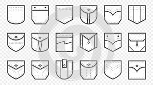 Patch pocket. Uniform clothes pockets patches with seam, patched denim pocket line icon vector set