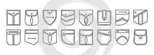 Patch pocket vector icons, buttons and line seam of jeans shirt and pants. Clothes pockets different shapes outline casual style.