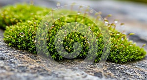 A patch of vibrant green moss (likely from the Bryophyta division) is growing on a